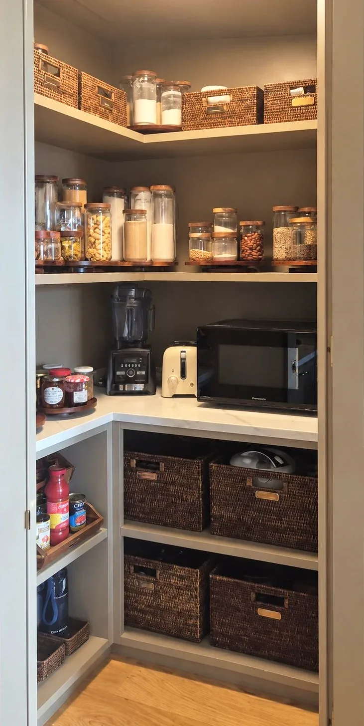 A corner pantry with baskets and decanted staples on timber shelves.