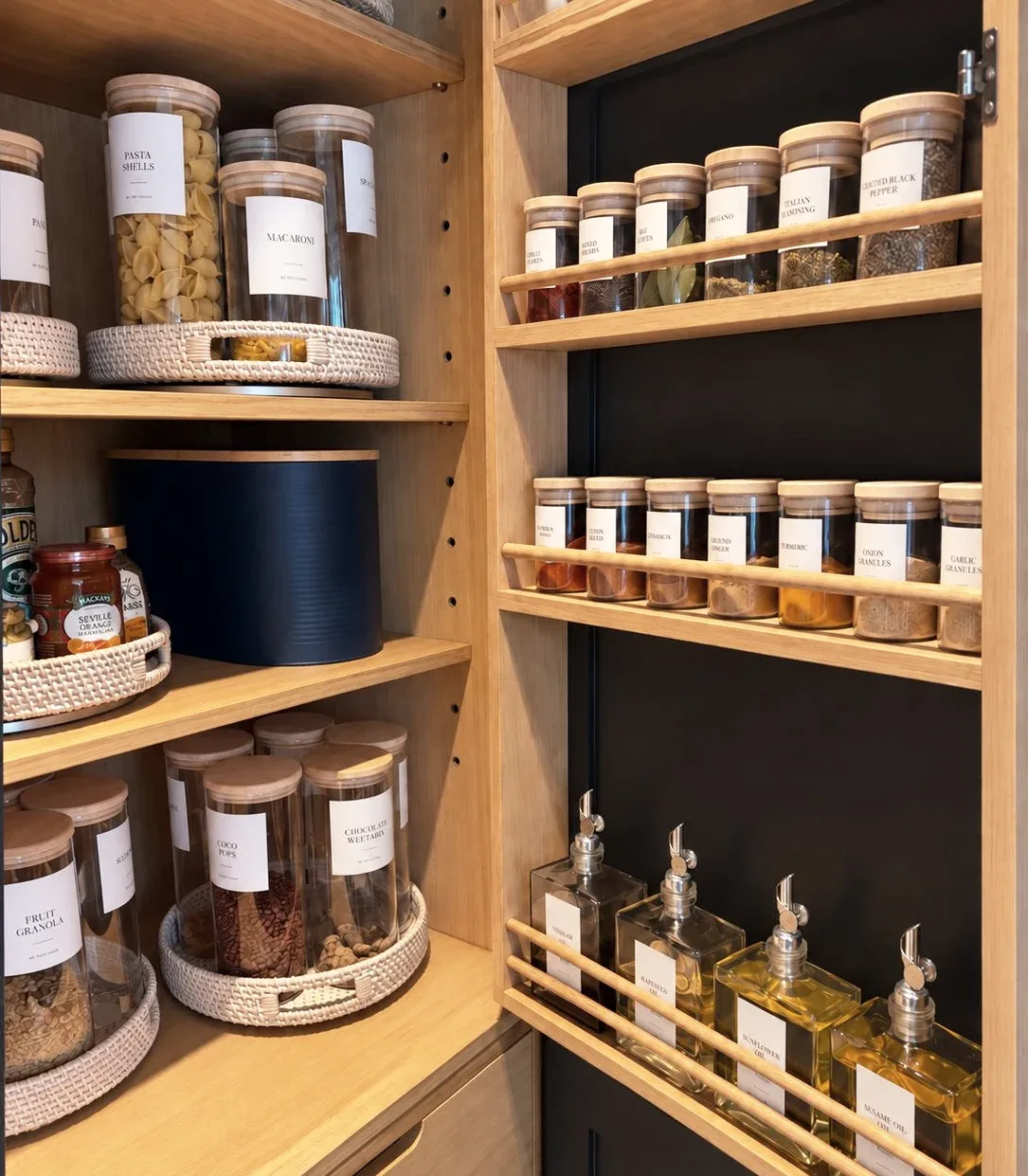 A pantry corner with jars on a turntable and spice racks on the door.