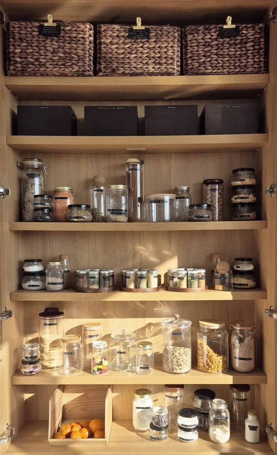Baskets above jars and bottles in a tall pantry cupboard.