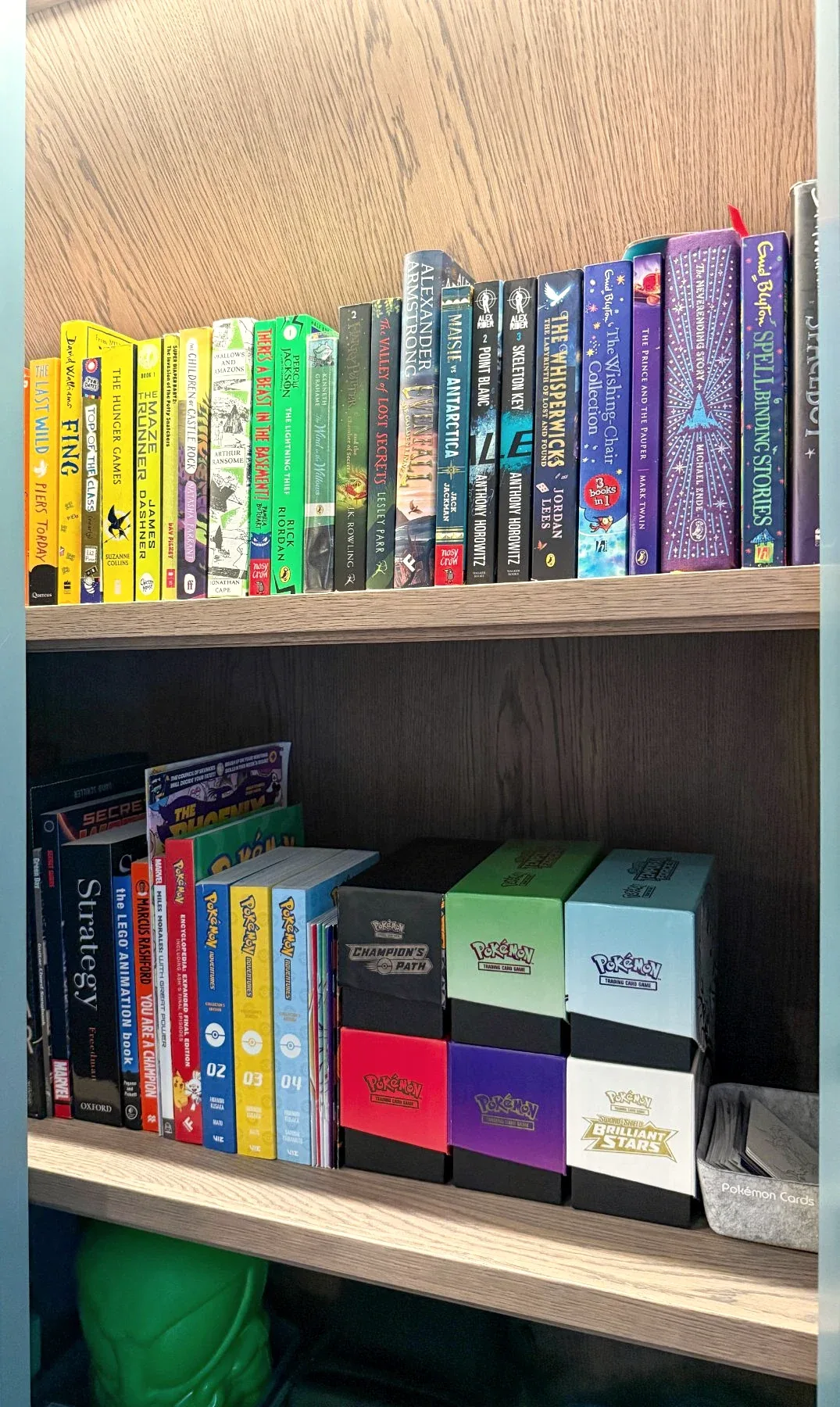 Children's books and games on timber shelves.