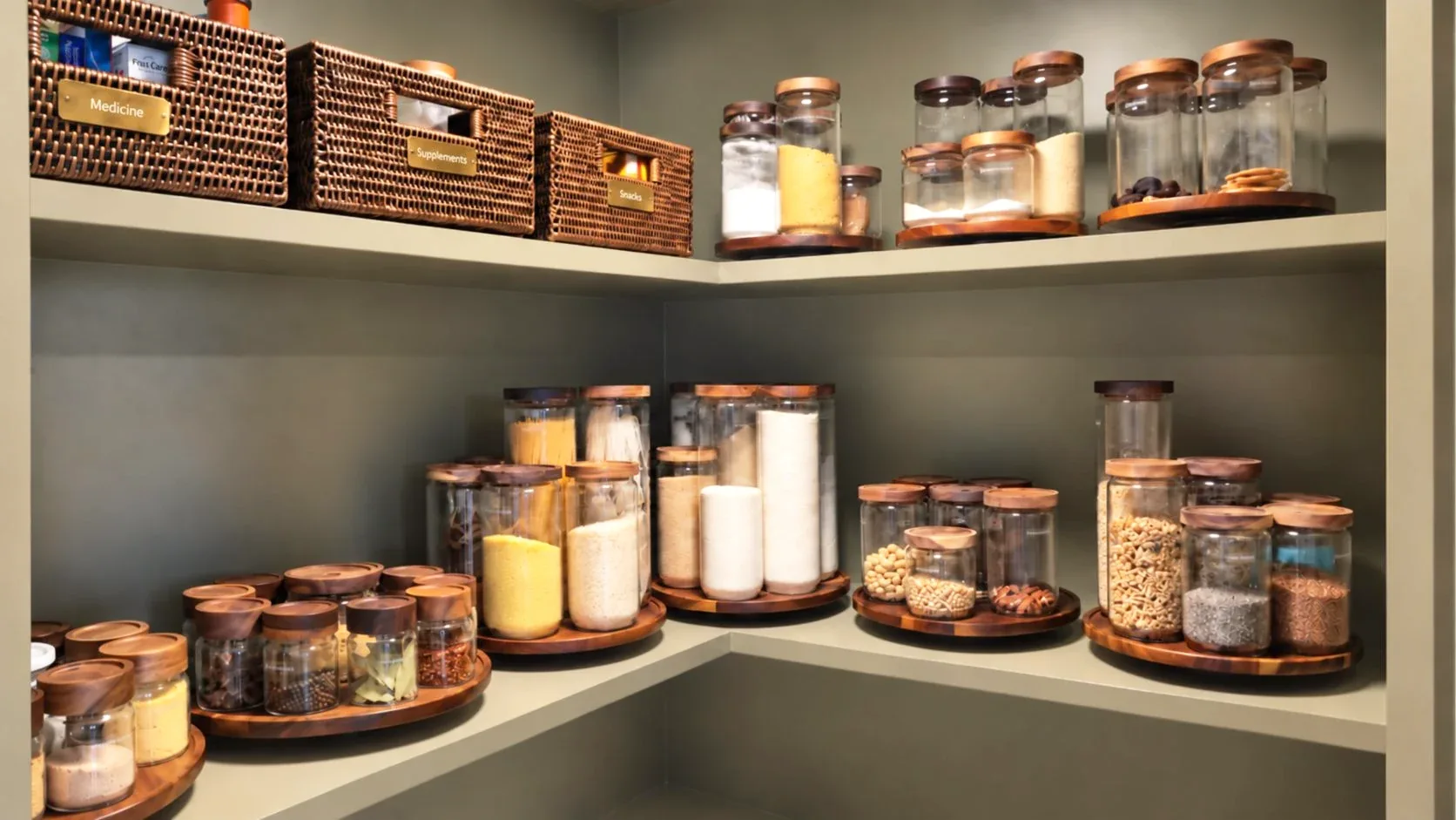 A pantry corner of decanted staples in glass jars on timber turntables, labelled baskets above.