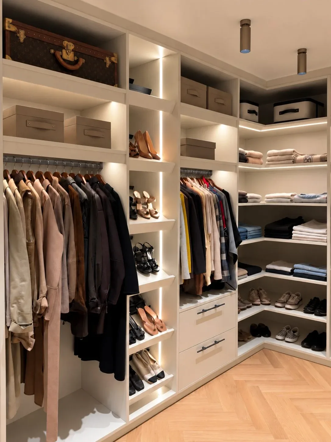 A corner dressing room with hanging rails, open shelves and shoe storage.