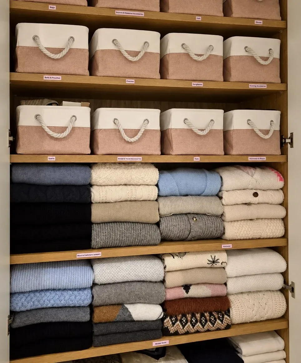 Lidded storage boxes above folded knitwear on open shelves.