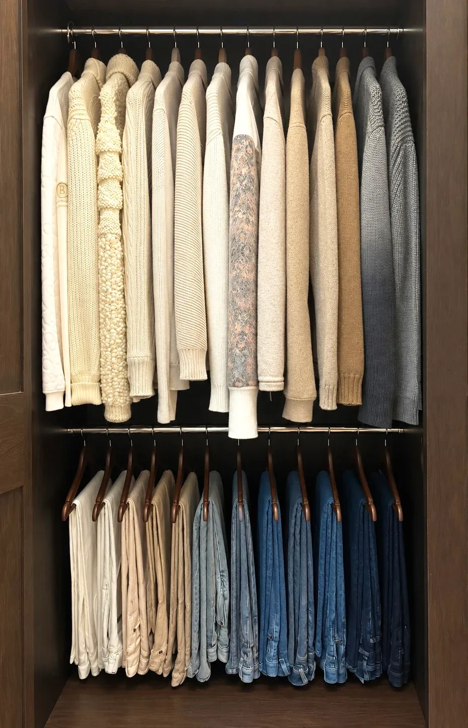 Blouses hanging above folded jeans in a wardrobe bay.