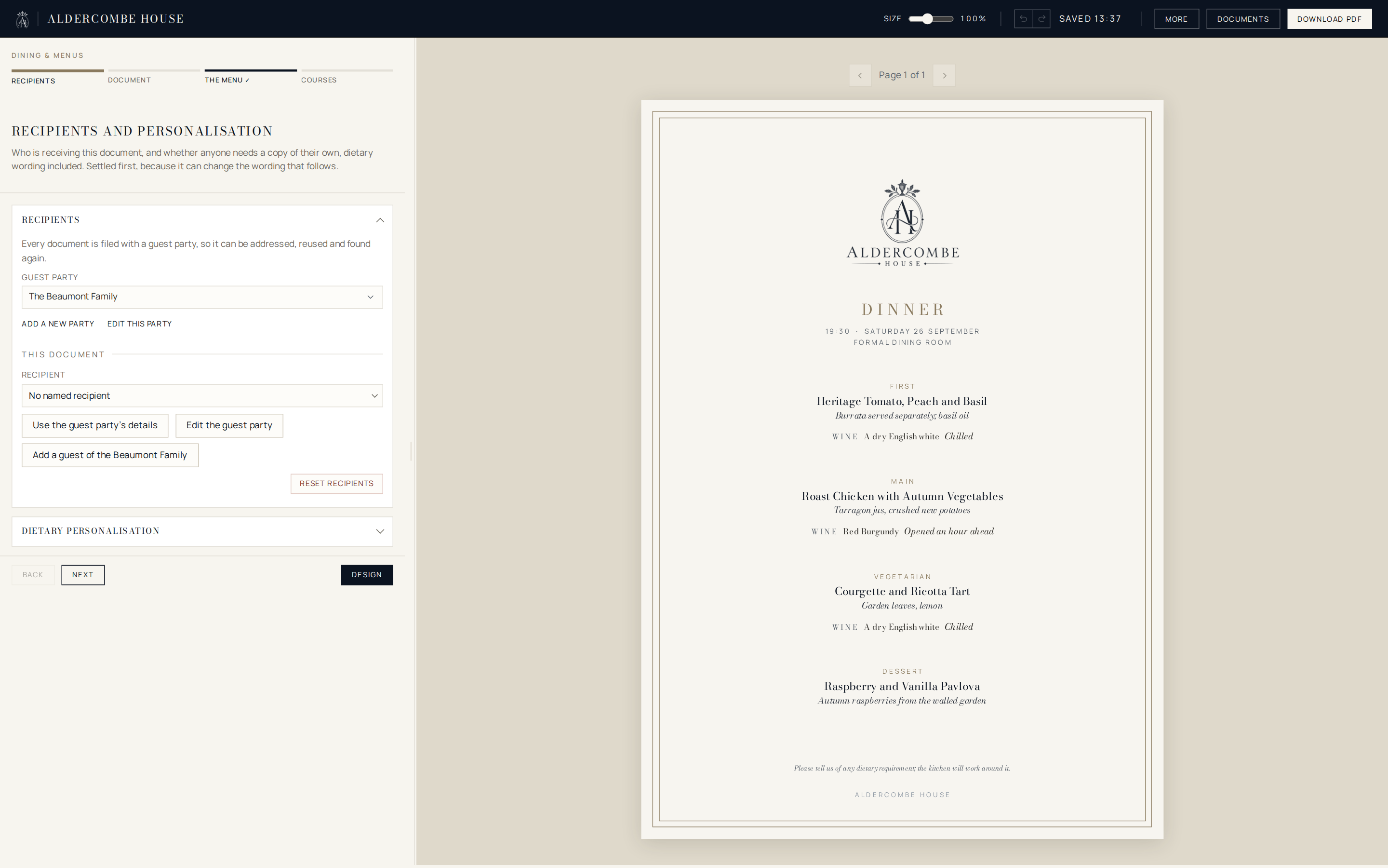 A menu builder: a dinner menu laid out for print, beside the panel where its recipients and personalisation are set.