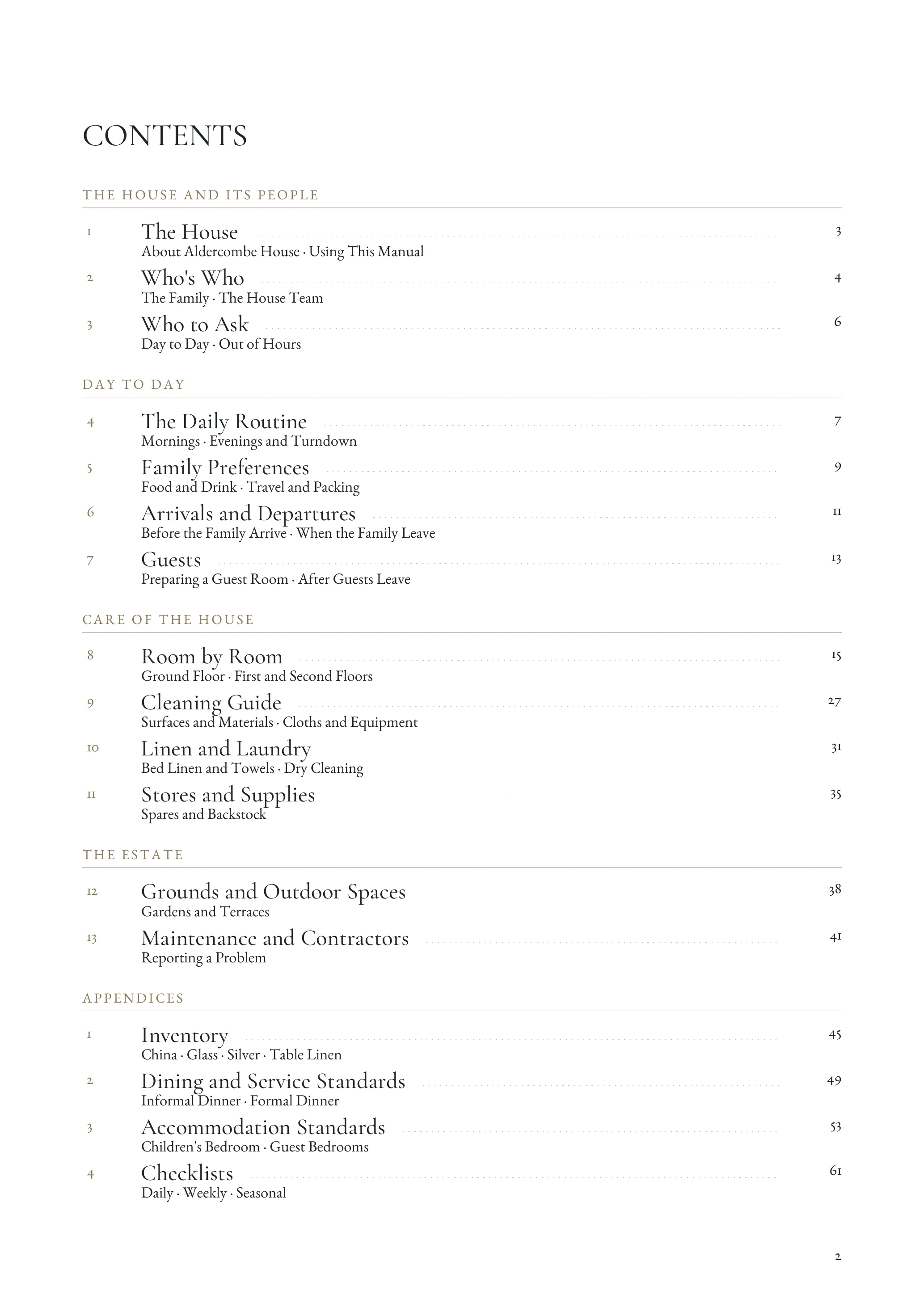 Example staff manual page: Contents. Aldercombe House, a fictional household.