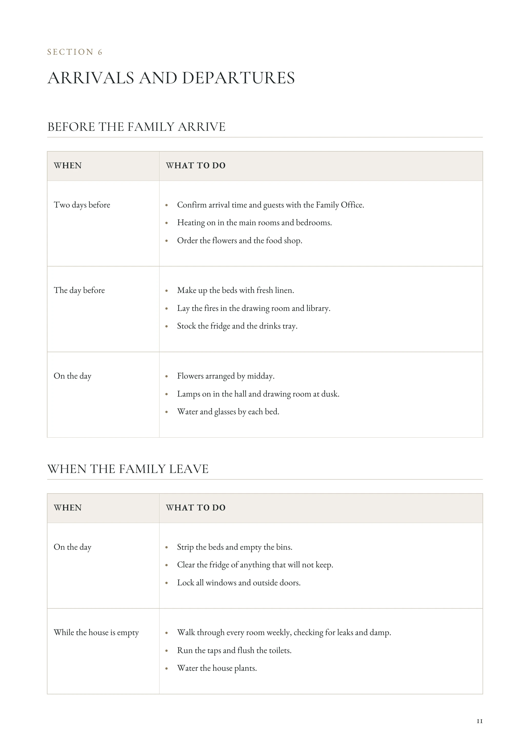Example staff manual page: Arrivals & Departures Procedures. Aldercombe House, a fictional household.