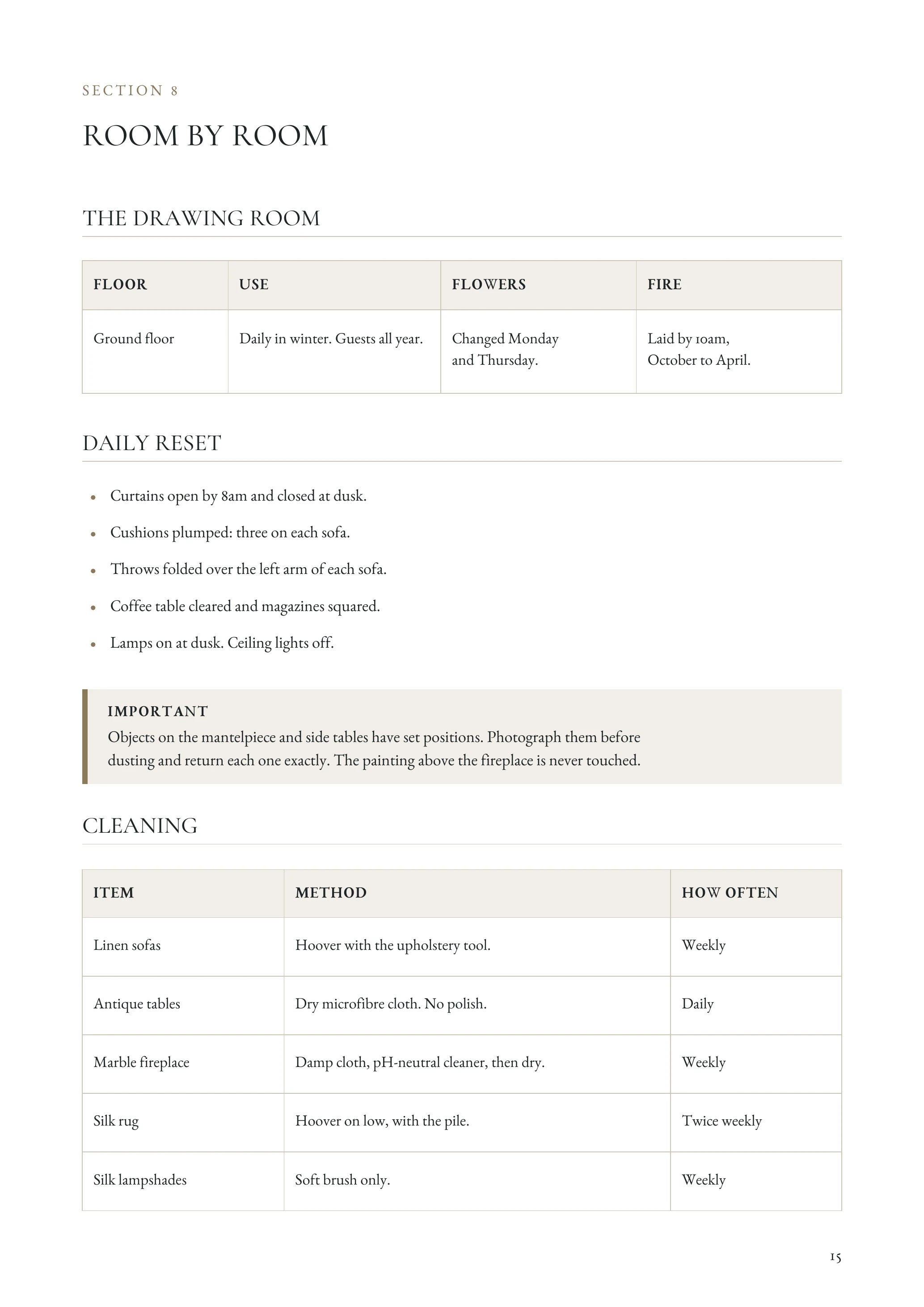 Example staff manual page: Room-by-Room Housekeeping Procedures. Aldercombe House, a fictional household.