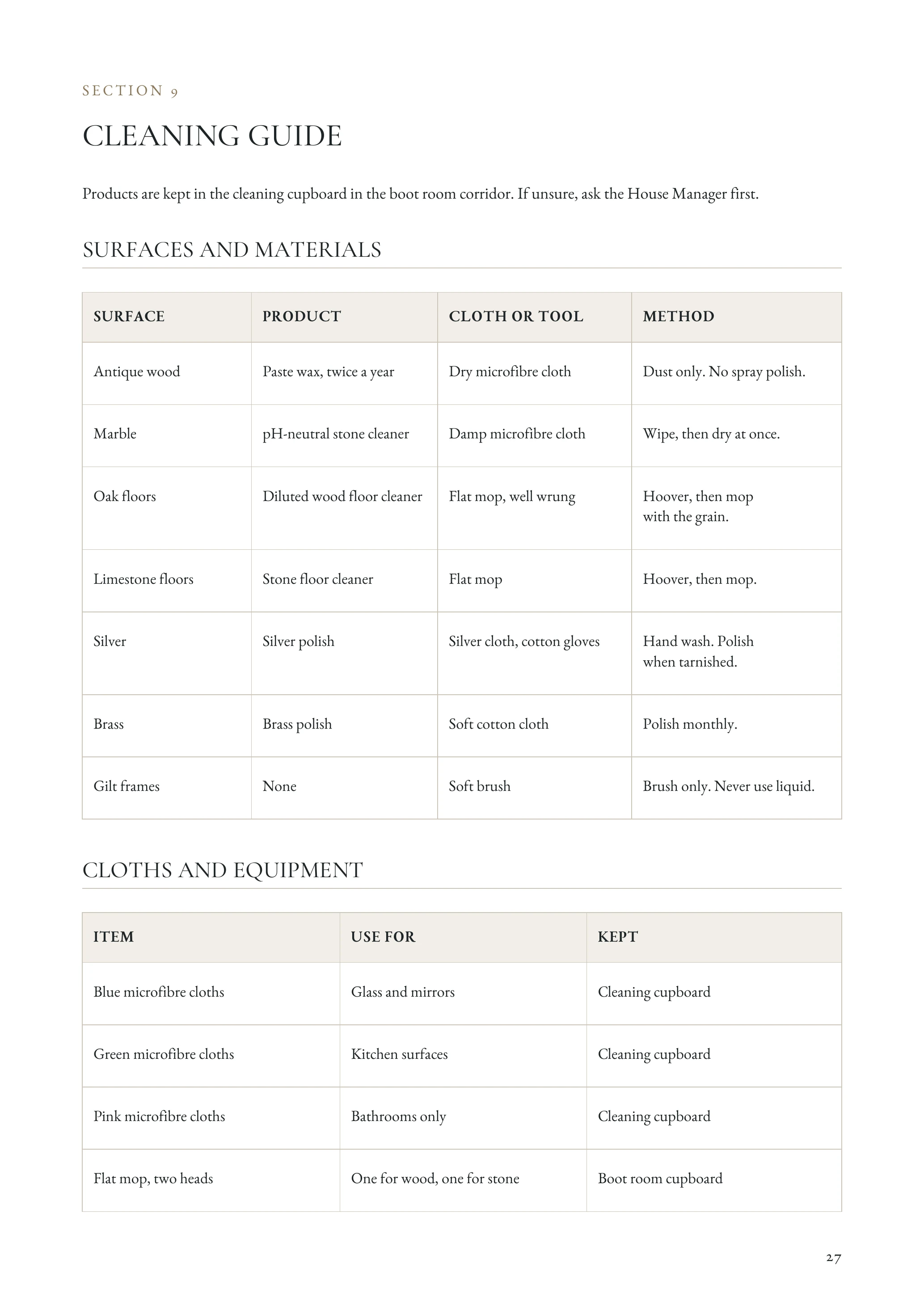 Example staff manual page: Cleaning Guide. Aldercombe House, a fictional household.