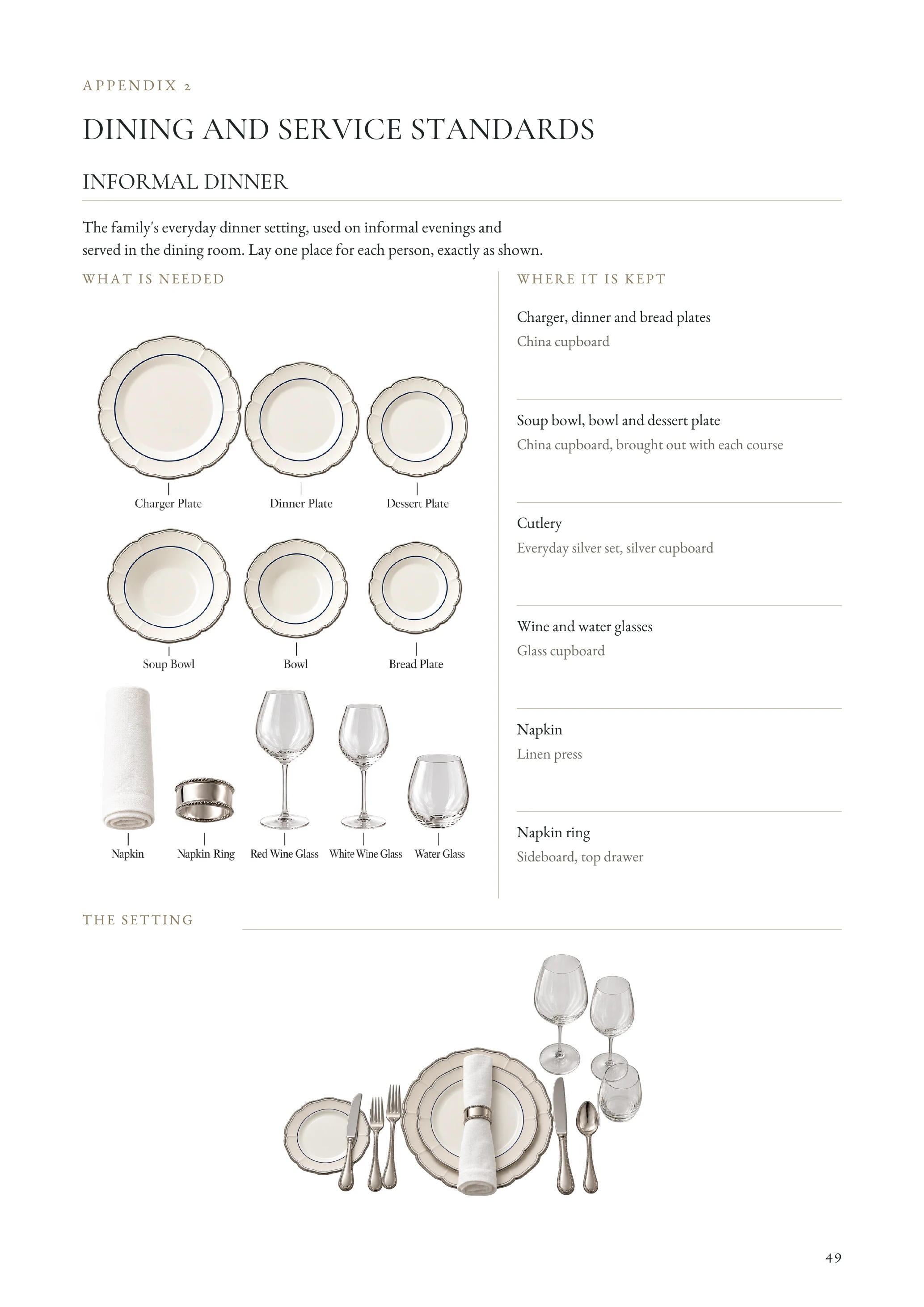 Example staff manual page: Dining & Service Standards. Aldercombe House, a fictional household.