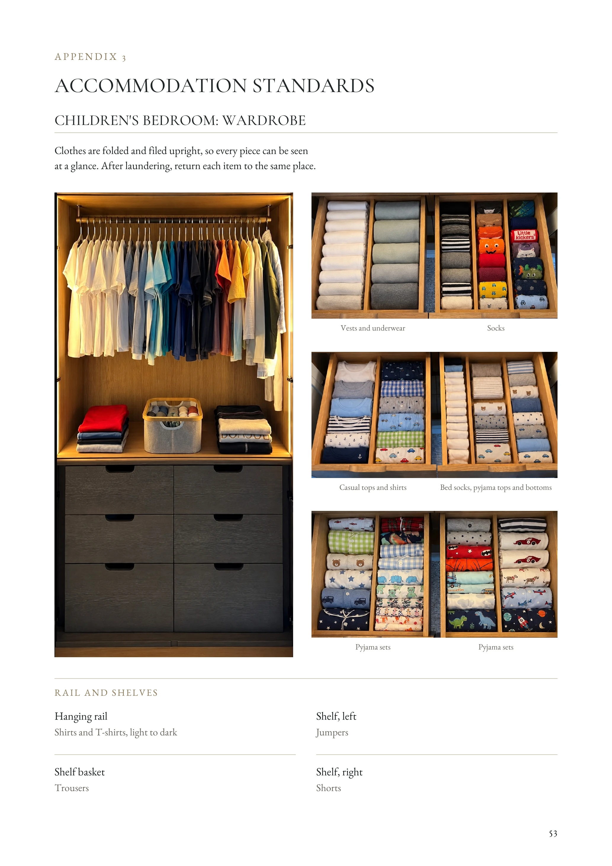 Example staff manual page: Accommodation Standards. Aldercombe House, a fictional household.