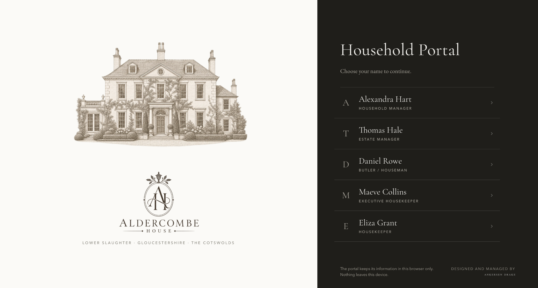 A household portal: the home screen of a private hub, with links to the household's information, manuals, directories and tools.
