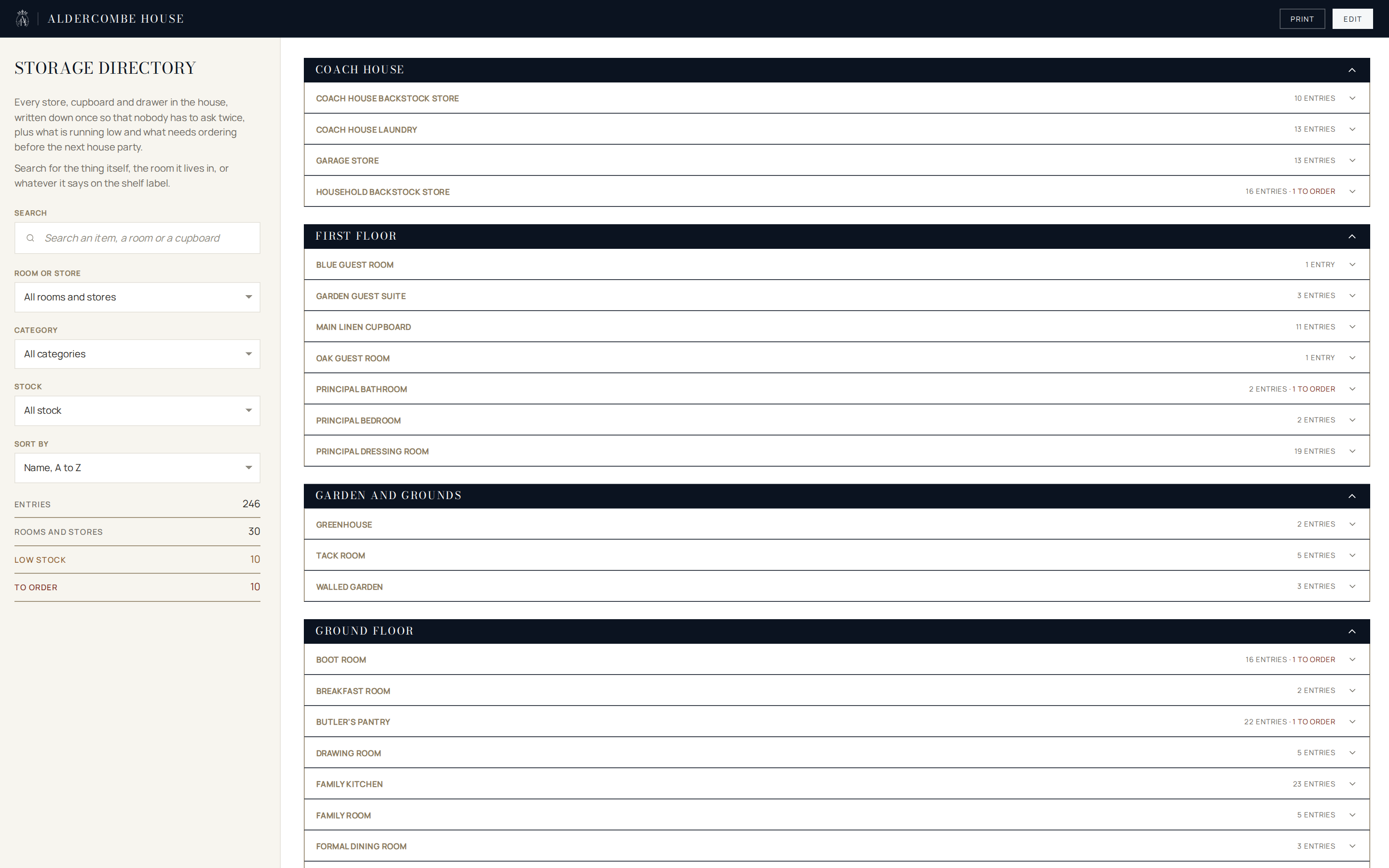 A household storage directory: rooms and stores grouped by floor with their entries and what is to order, beside search and filters.