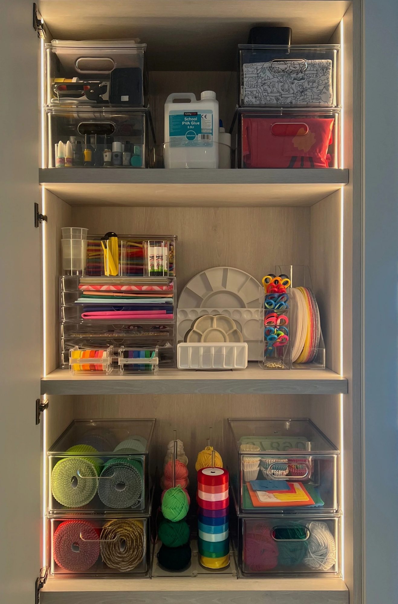 Craft and play supplies sorted into clear containers in a cupboard.