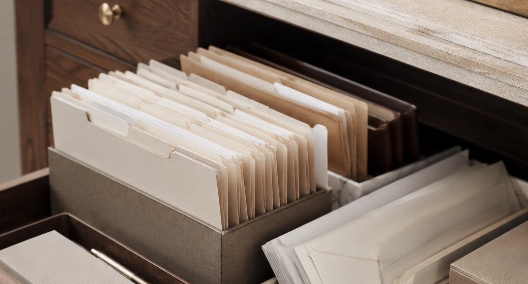 Walnut drawer holding ordered files and envelopes.