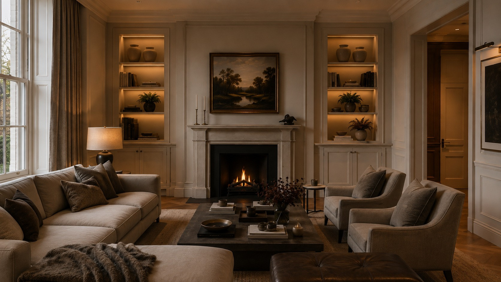 Sitting room with a lit fireplace and pale sofas.