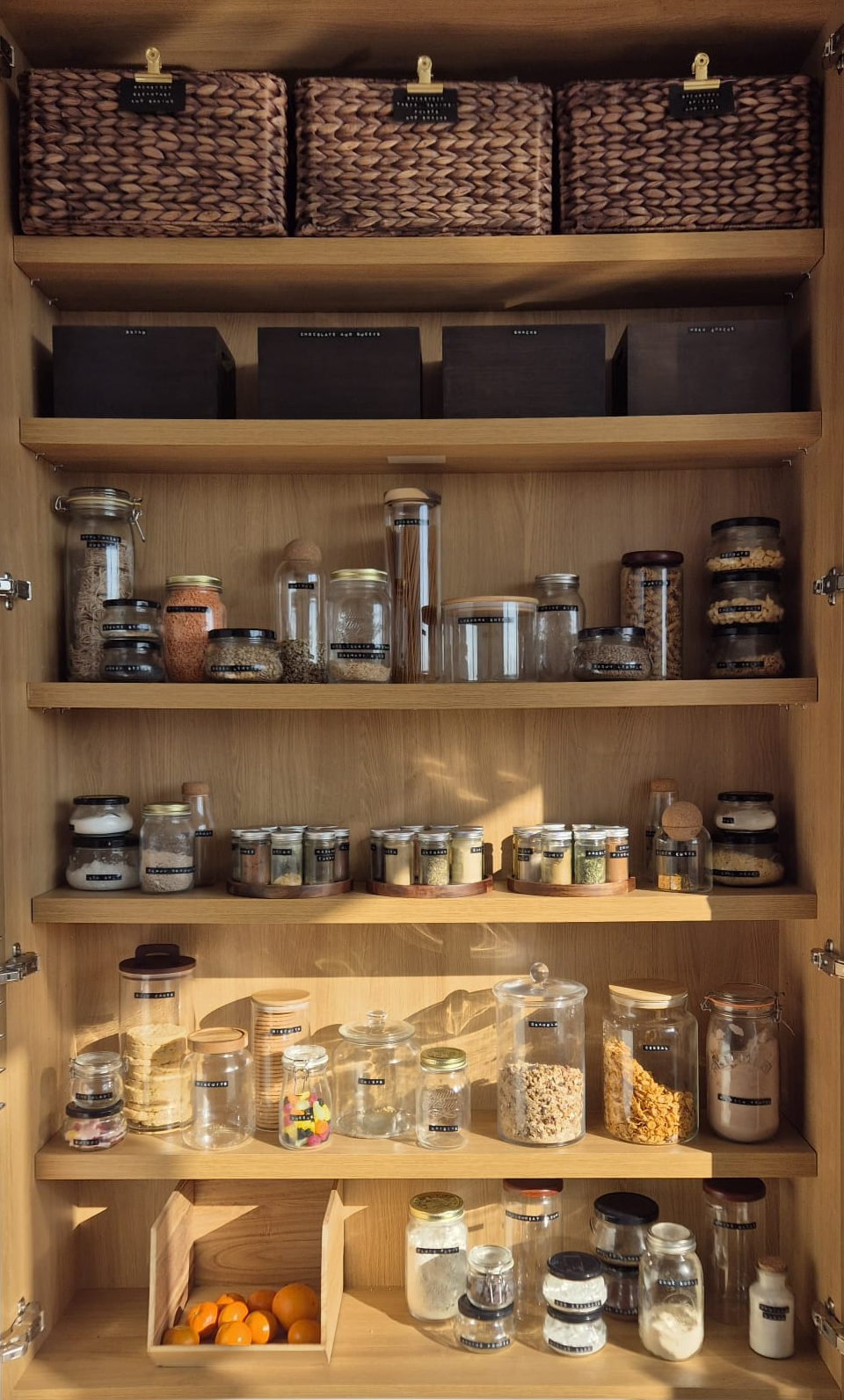 An oak cupboard with woven baskets, storage boxes and labelled jars on its shelves.