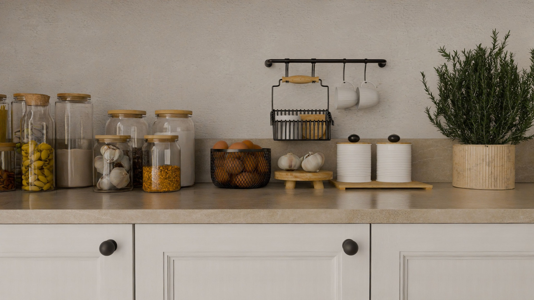 Storage jars, a basket of eggs and a potted herb on a tidy kitchen worktop.
