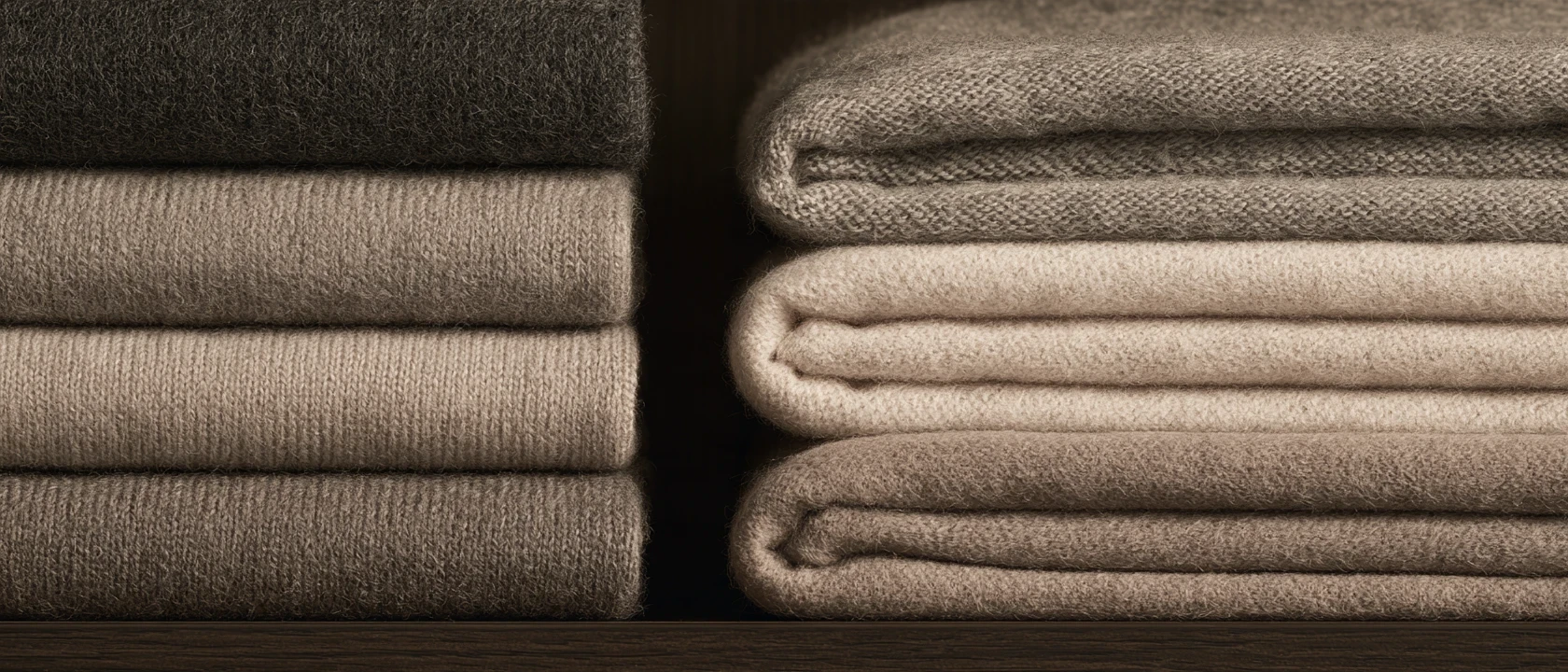 Folded knitwear in soft neutral tones stacked on open shelving.
